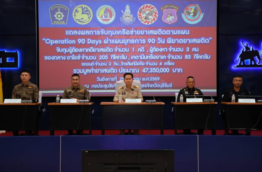 แถลงผลการจับกุมเครือข่ายยาเสพติดตามแผน “Operation 90 Days ผ่าแผนยุทธการ 90 วัน พิฆาตยาเสพติด” จับกุมผู้ต้องหาคดียาเสพติด
